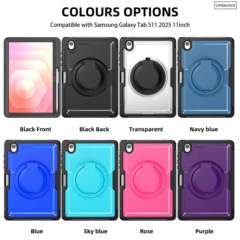 For Samsung Tab S11 11 inch SM-X730 X736B 360 Rotation Pull Ring Stand Shoulder Strap Tablet Case Shockproof Armor Cover Funda