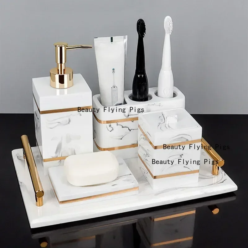 Nordic Natural Resin Lotion Bottle Mouth Cup Soap Dish Toothbrush Holder Tissue Box Cotton Swab Box Tray Washing Tools Set