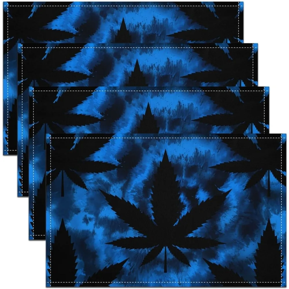 Blue Tie Dye Leaves Place Mats 12x18 Inch Set Of 4 Watercolor Simple Swirls Geometric Spiral Table Mats For Kids Teens Adults Bo