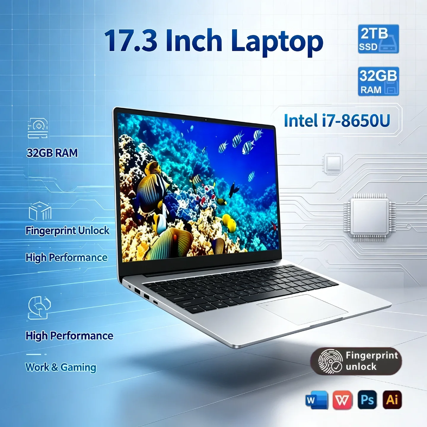 Intel i7 8650U 32GB RAM 2TB SSD 17.3 Inch Full Size Laptop Fingerprint Unlock High Performance Work Gaming Notebook Pro