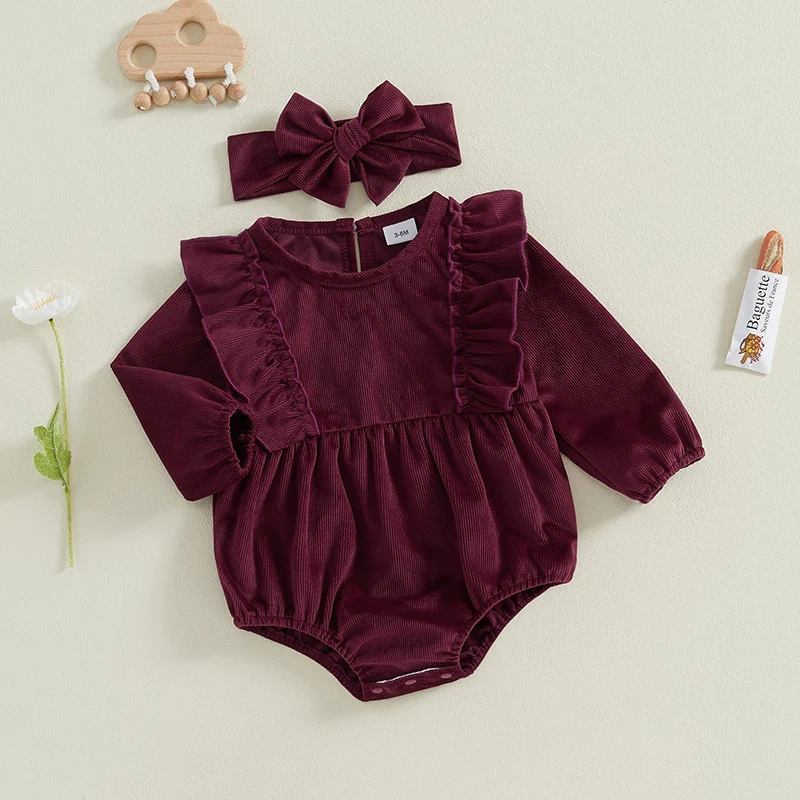 2-Piece Baby Girls Velvet Set Ruffled Trim Long Sleeve Round Neck Romper Headband Adorable Outfits