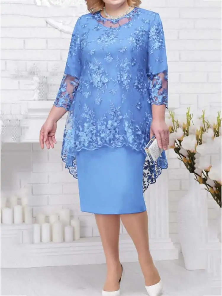 2023 Women Dress O-neck Midi Loose Dress S-8XL Lady Evening Lace Mesh Sexy Elegant Dress Female Clothing Summer Autumn