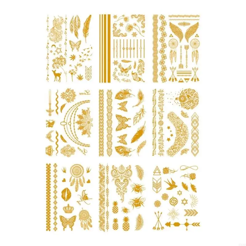 9 Sheets Quick Apply Metallic Body Art Transfers For Cosplay And Performances Contemporary Paper Vacation Party 6XDA
