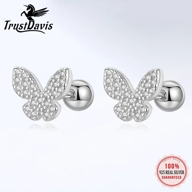 Trustdavis Real 925 Sterling Silver Insect Butterfly Shiny CZ Beads Screw Stud Earrings For Women Wedding Fine Jewelry DA2250