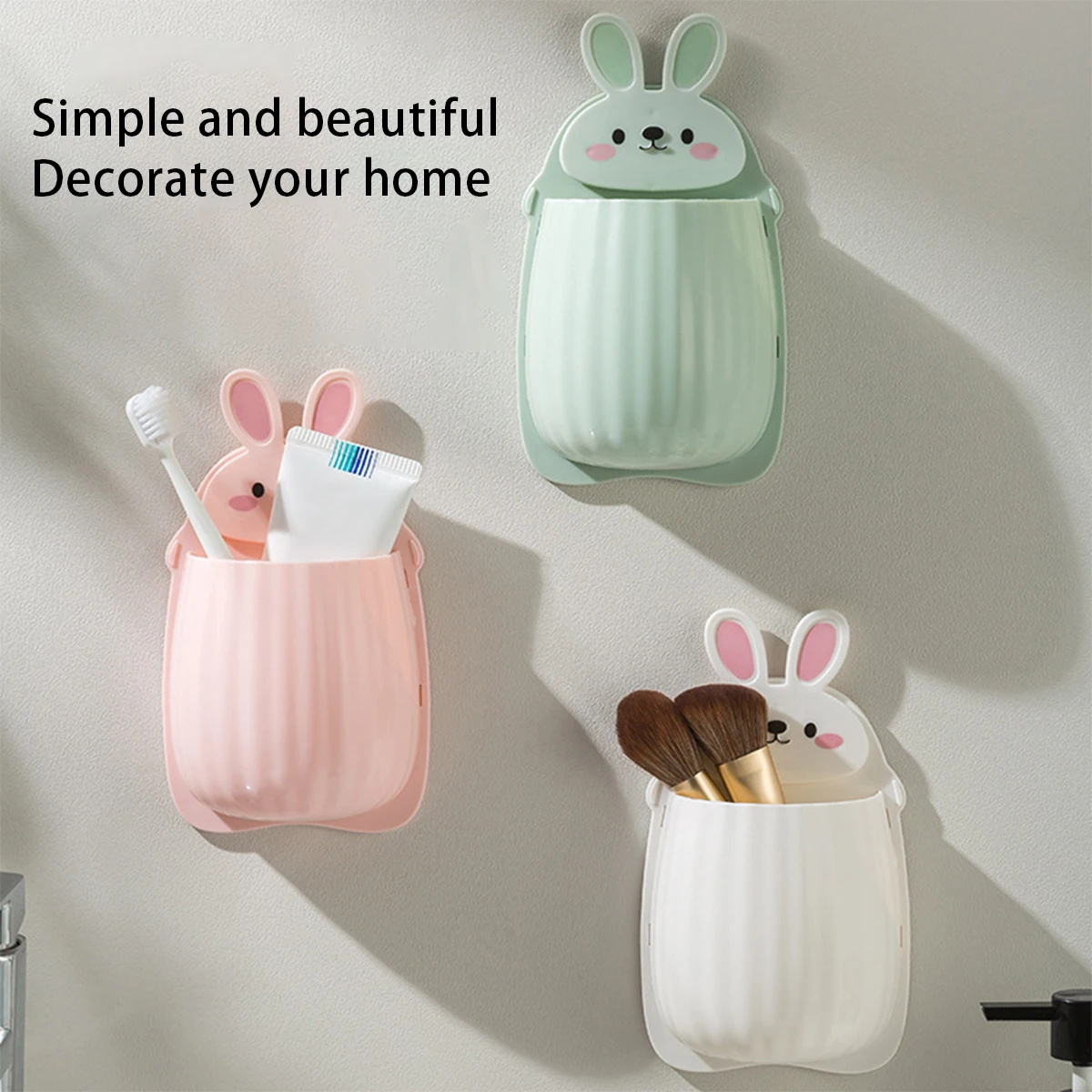 Cute Cartoon Rabbit Bathroom Toothbrush Holder Punch Free Wall Mounted Makeup Storage Box Home Container Organizer