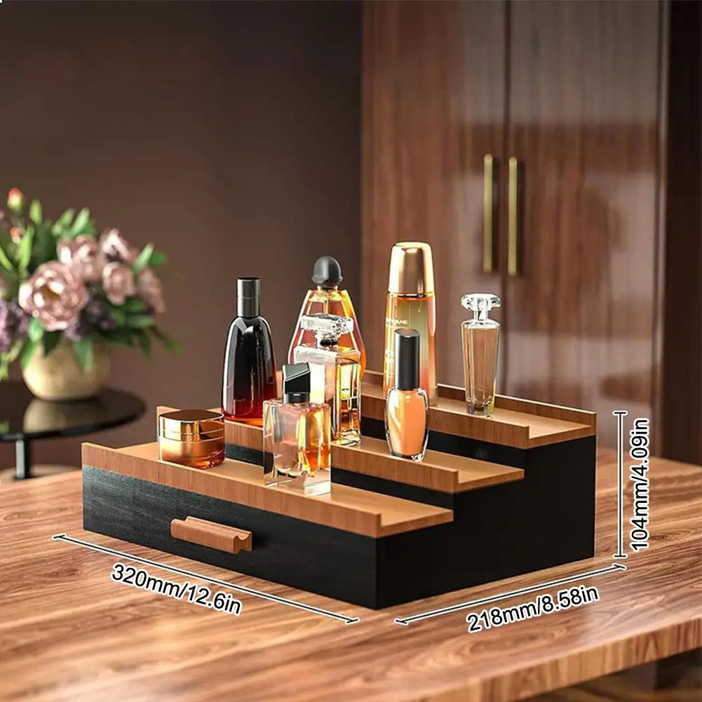 3 Tier Wooden Stepped Type Makeup Display Stand Cosmetic Makeup Figure Doll Organizer Skin Care Products Shelf Bathroom Storage