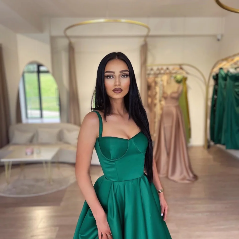 Bella personalizado verde cinta de espaguete fenda lateral robes de soirée vestidos de festa de cetim sem alças até o chão vestido de baile linha a