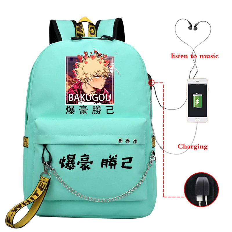 Moja bohaterka akademicka Katsuki Bakugo plecak z USB modowa torba Cosplay MHA Deku z powrotem do szkolni chłopcy dziewczęcej torby dla fanów mochili