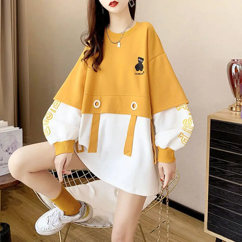 Spring Autumn New Korean Patchwork O-neck Long Sleeve Sweatshirts Women Clothes Loose All-match Printing Mid Length Top T-Shirts