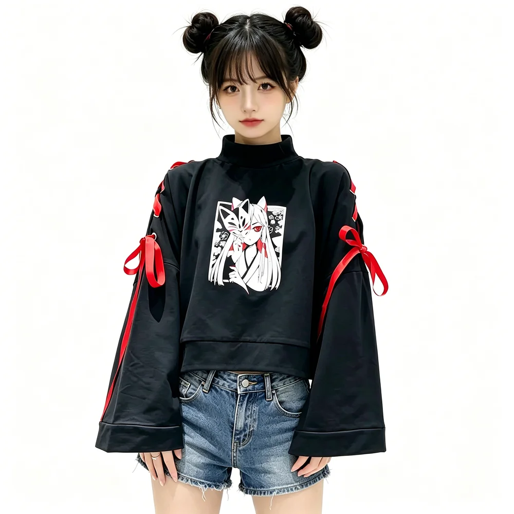 Spring Japanese Cartoon Fox Girl Print Hoodie Harajuku Women Gothic Ribbon Lace Up Flare Sleeve Kawaii Thin Pullover Sweatshirt