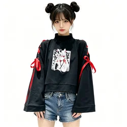 Spring Japanese Cartoon Fox Girl Print Hoodie Harajuku Women Gothic Ribbon Lace Up Flare Sleeve Kawaii Thin Pullover Sweatshirt