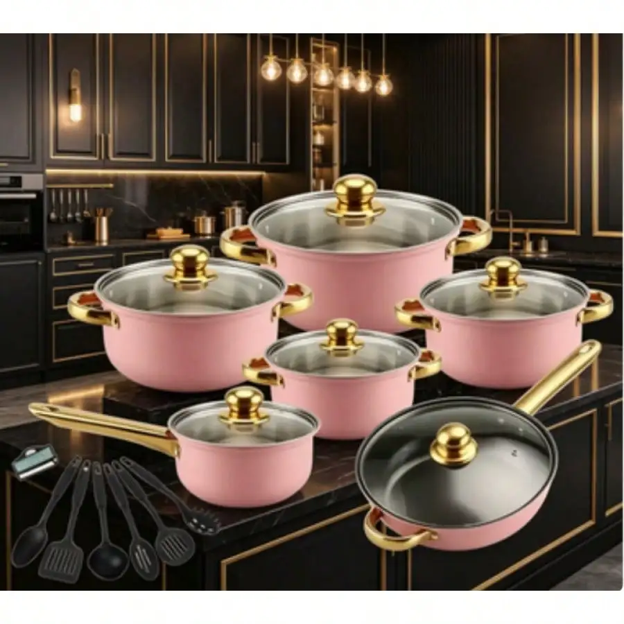 Pink 18-Piece Stainless Steel Pot Collection, Practical Kitchen Cookware Works For All Common Household Hobs sh260610174681975488450