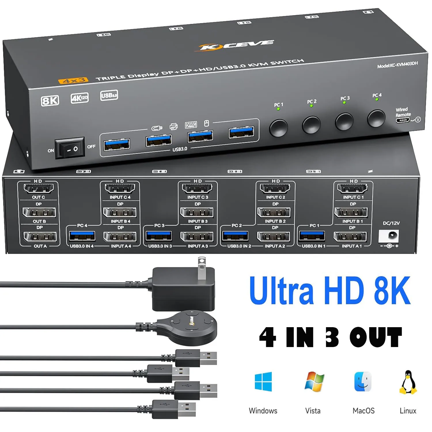 

4 Port Triple Monitor KVM Switches, 8K@60Hz HDMI+2 Displayport KVM Switch for 3 Monitors 4 Computers Share 4 USB3.0 Ports
