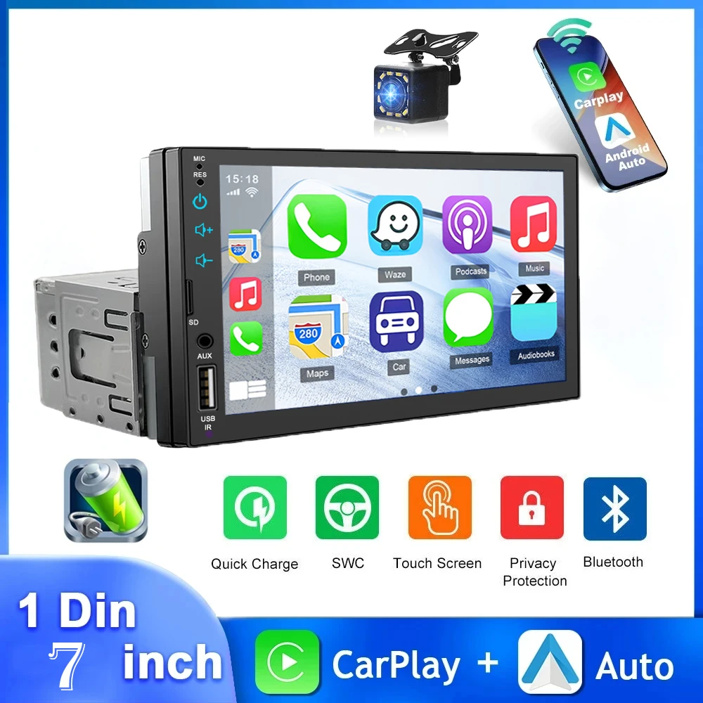 Carplay Android Auto 1 Din 7 Inch Car Radio Multimedia Player HD Touch Screen FM AUX Input Bluetooth MirrorLink Universal