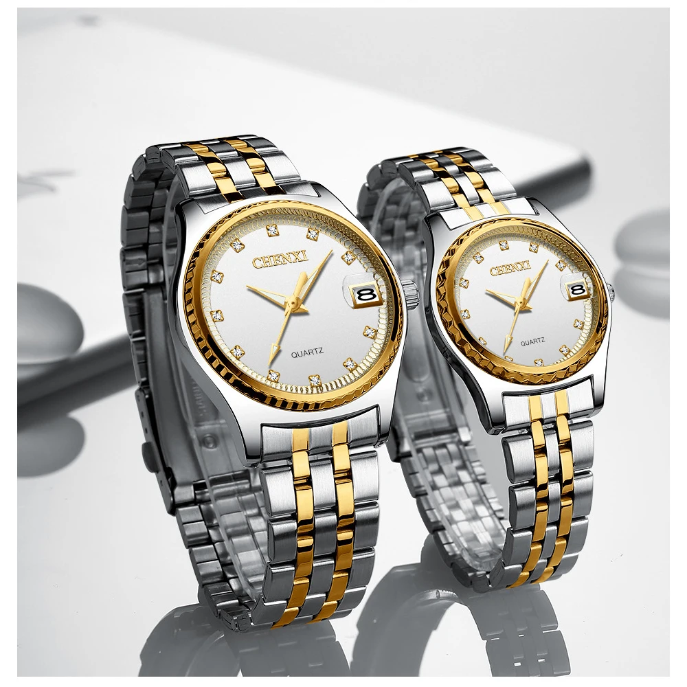 Moda chenxi relógios das mulheres dos homens strass dial marca superior casais de luxo quartzo completa aço inoxidável relógio à prova dwaterproof água calendário