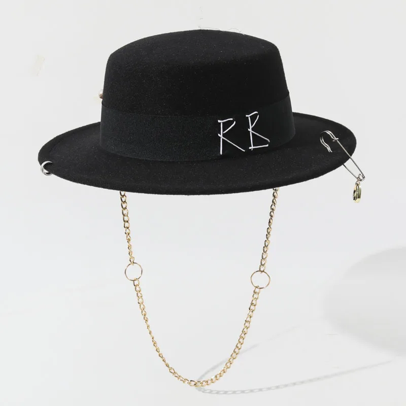 Women's Autumn Winter RB Letter Embroidered Flat Top Fedora Chain Pin Decoration