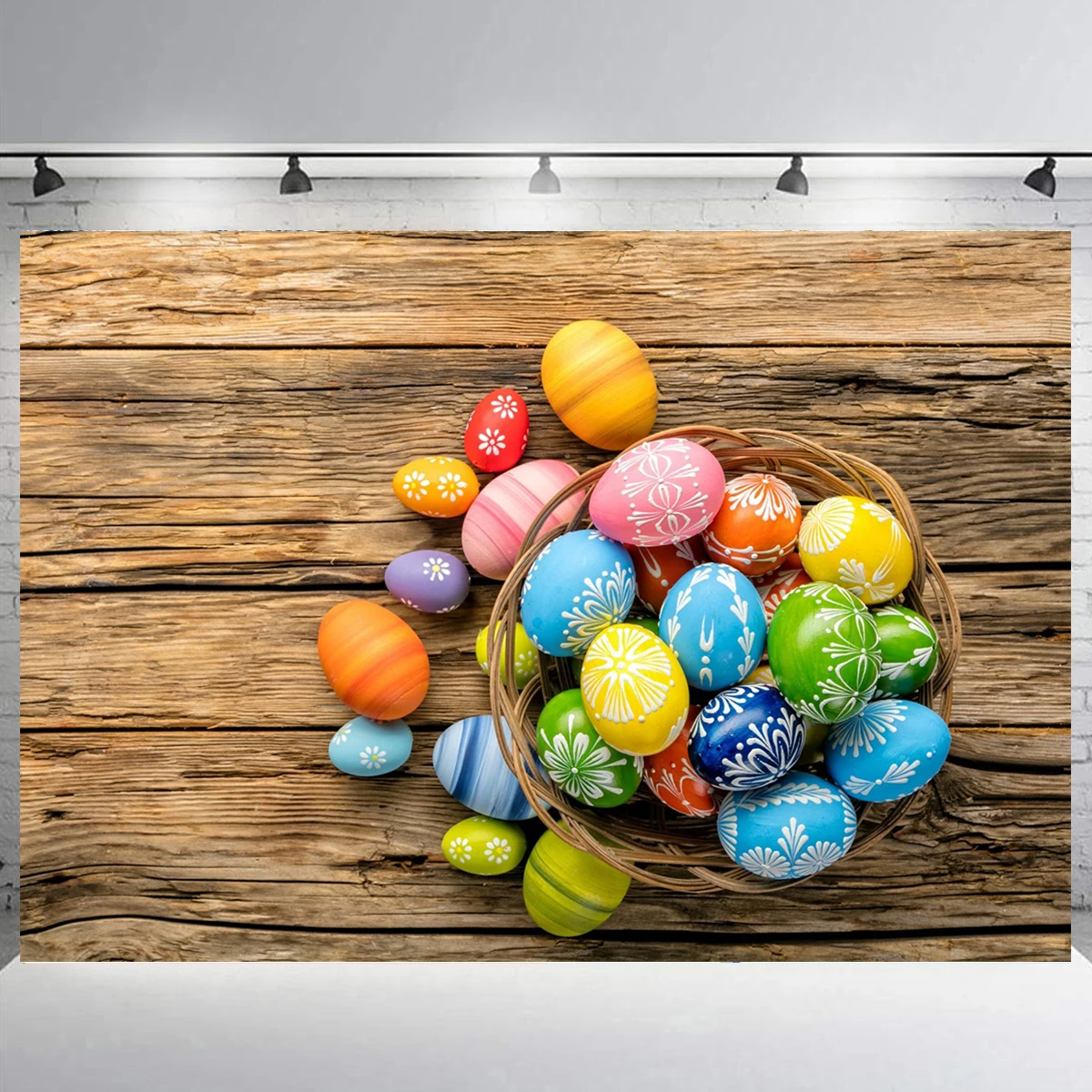

Colorful Eggs Spring Easter Background Birthday Photograph Studio Wood StyleDecoration Flower Backdrop Props