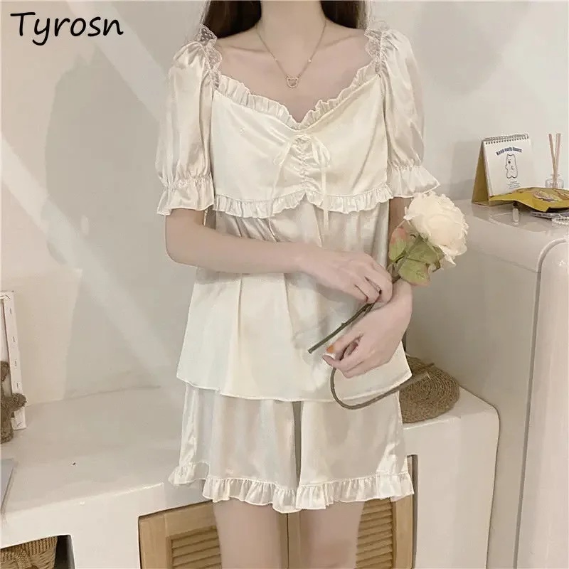 

Pajama Sets Women Elegant Sweet Princess Fashion Solid Design Ruffles Leisure Sleepwear Tender Cozy Summer Home Soft Ulzzang Ins