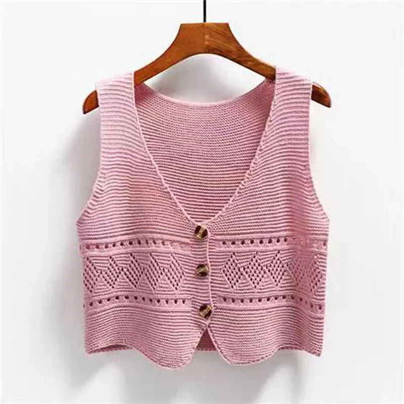Neu im Frühling Herbst V-Ausschnitt Einreiher Pullover Weste Frauen ärmellose lässige lose gestrickte Strickjacken weibliche kurze Strickwaren
