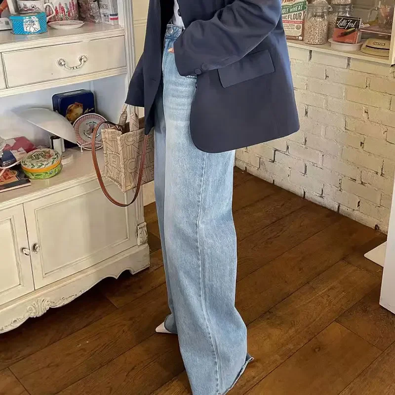 French Vintage High Waist Wide Leg Pants Love Printing Old Design Denims Pants Chic Summer Wide Leg Washed Jeans Women