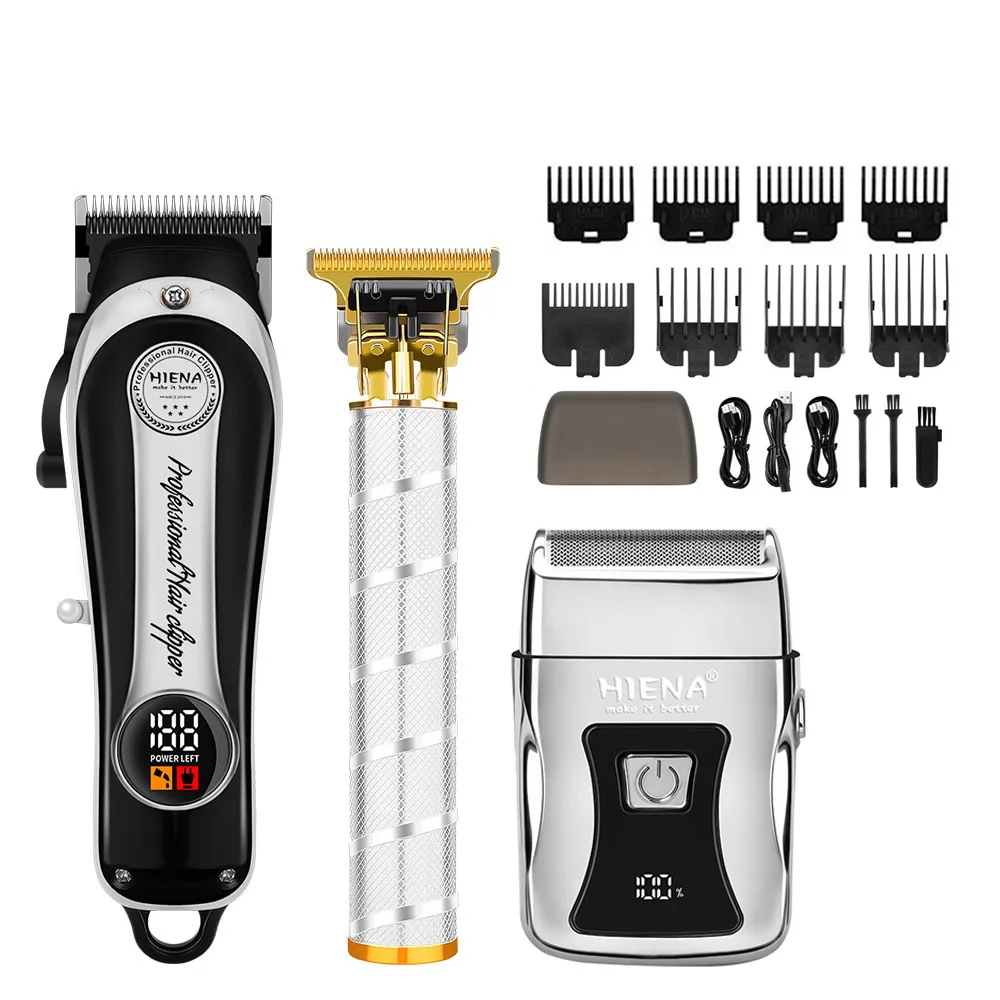 

Серебряная мужская машинка для стрижки волос, 3 шт., профессиональная электрическая машинка для стрижки волос, перезаряжаемая бритва с ЖК-дисплеем, мужской триммер для волос