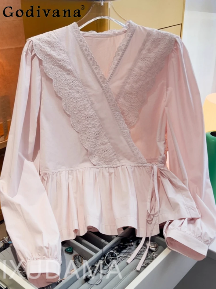 

Large Size Women Lace Solid Color Elegant Cotton Shirt Unique Age-reducing Fashion Long-sleeved Lace-up Korean Sweet V-neck Top