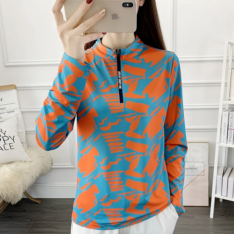 Women\'s Breathable Outdoor Sports Quick Dry Print Shirt Ladies Running Hiking Long Sleeve UV Clothing Camping Stand Collar Top