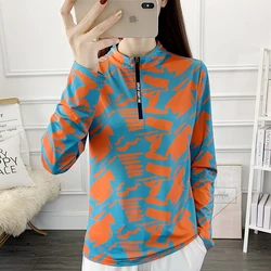 Women's Breathable Outdoor Sports Quick Dry Print Shirt Ladies Running Hiking Long Sleeve UV Clothing Camping Stand Collar Top