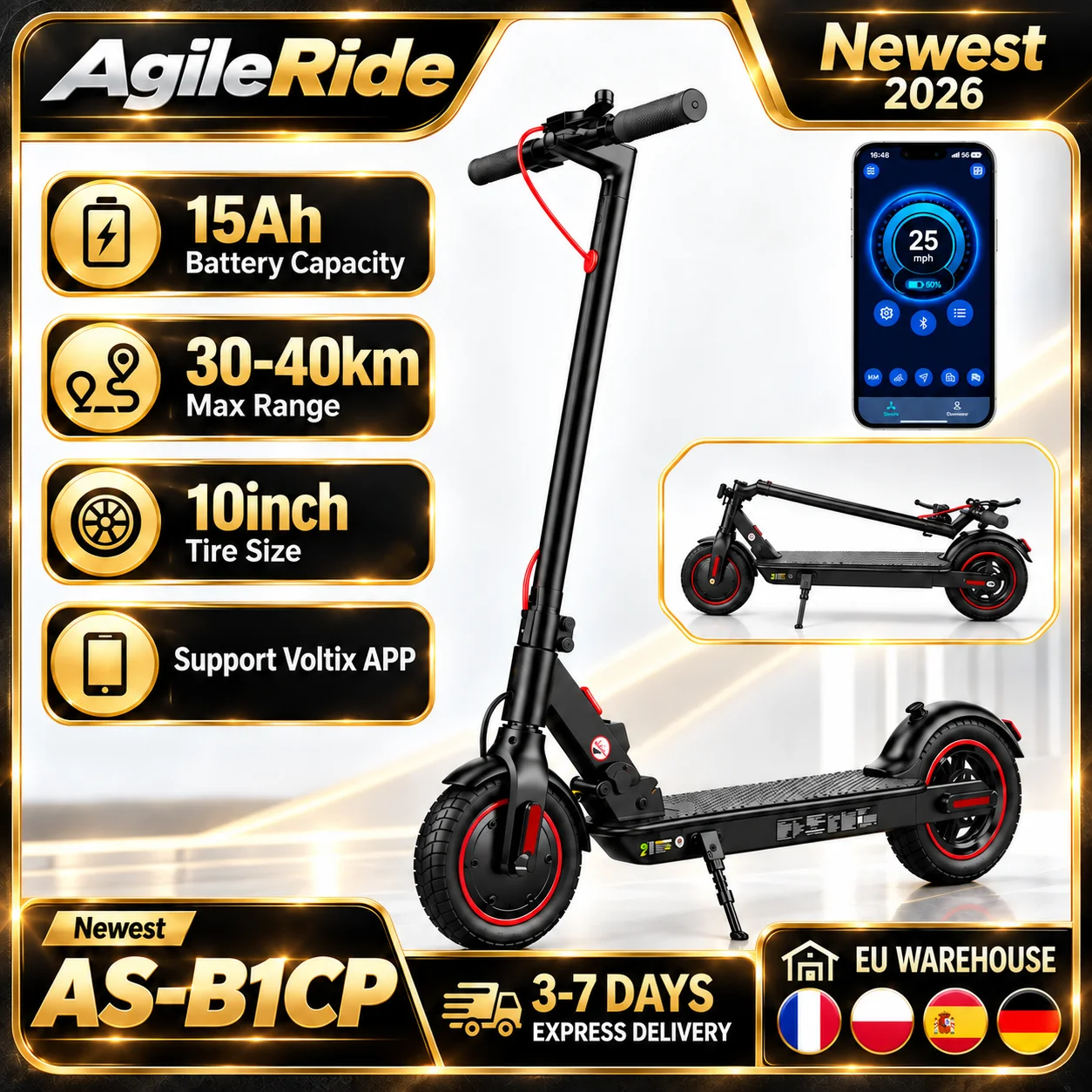 AS-B1CP, patinete eléctrico de 36 V y 15 Ah, con una autonomía de 30 km, neumáticos inflables de 10 pulgadas, freno de disco trasero