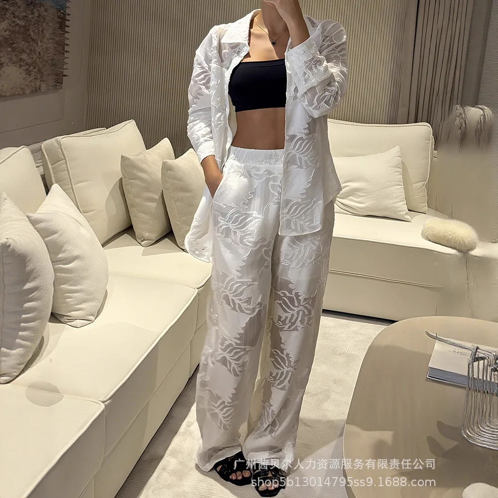 

Women Two Pieces Pant Sets Casual Matching Set Solid Textured Jacquard Long Sleeve Shirt Elastic Waist Wide Leg Pants Autumn