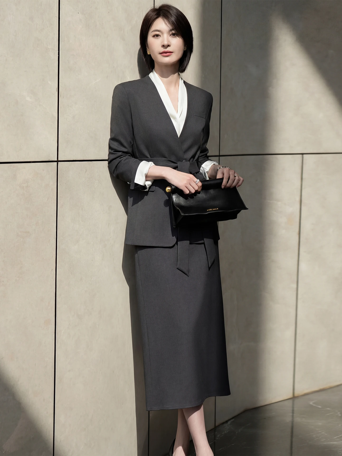 

Elegant Grey Suit Set High Waist Skirt And Blouse Women's Fashion Spring Collection Button up V Neck Long Sleeve Workwear
