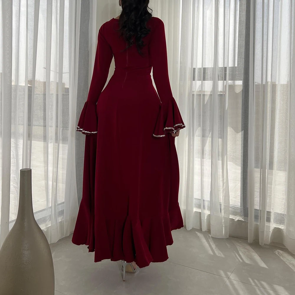 Customized Exquisite Jersey A-Line Flare Sleeves Crystal and Tiered Evening Dress Long Sleeves Strapless Burgundy Prom Dress