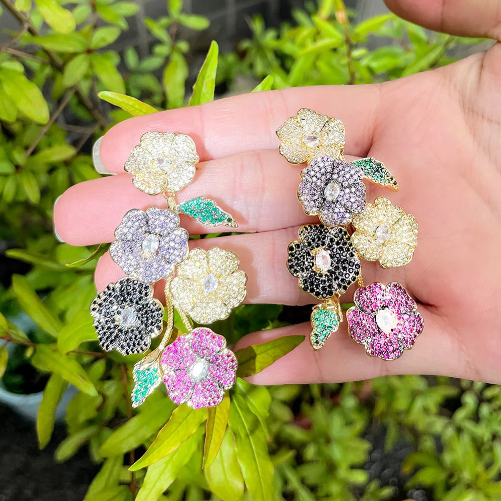 Pera Decorative 4 Flowers Purple Red CZ Yellow Gold Colour Long Engagement Wedding Party Drop Earrings for Bridal Jewelry E951