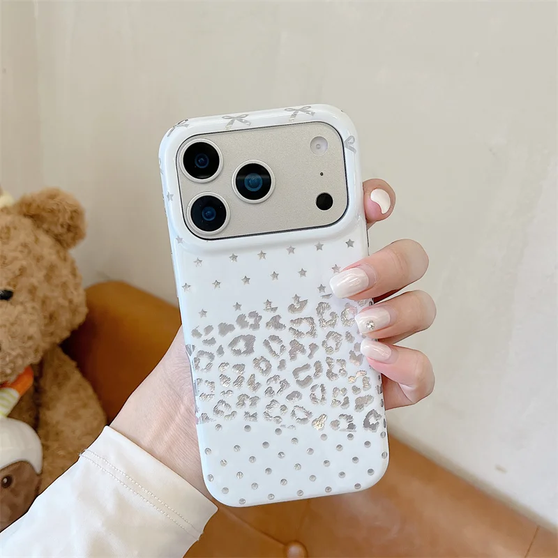 For Apple iPhone 17 16 15 Pro Max Case White Leopard Stars Glitter Rhinestone Soft TPU Camera Protection Luxury Cover Shockproof