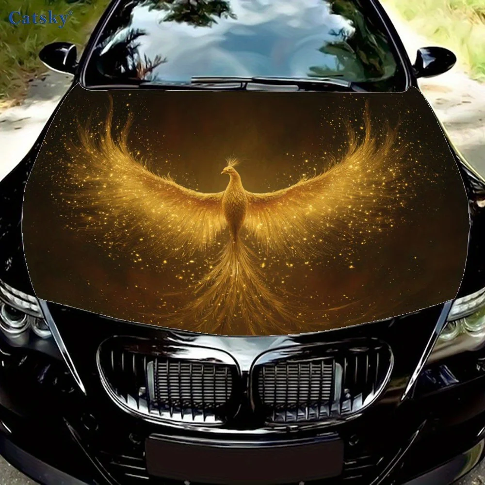 Golden Phoenix Car Hood Decal Sticker - Durable Vinyl Wrap For Most Vehicles, Bold Graphic Design With Realistic Patterns, Engin