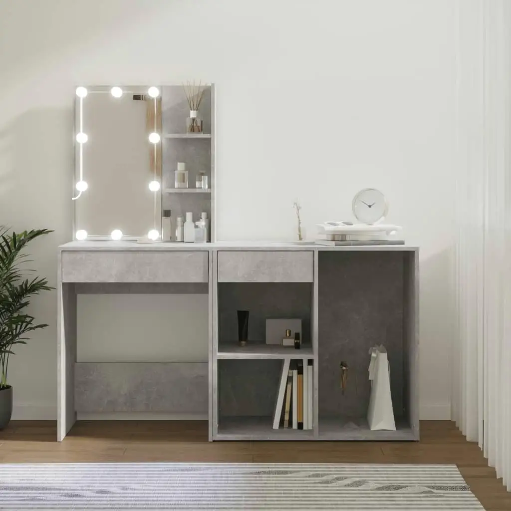 Modern LED Dressing Table with Storage Cabinet - Concrete Grey Engineered Wood Design