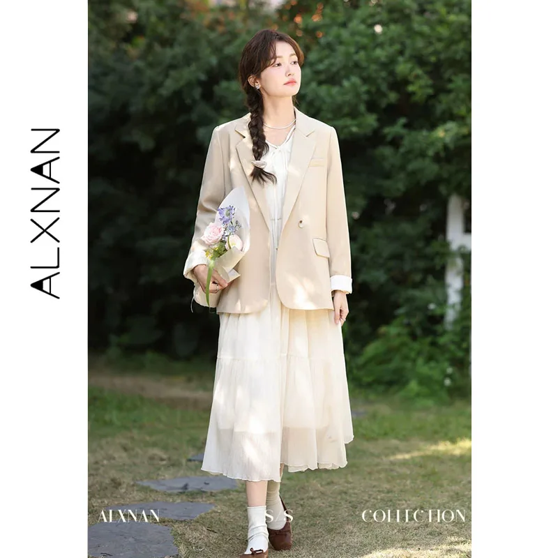 ALXNAN Light Khaki Blazer New 2026 Peak Lapel Straight Fit Back Split Women's Blazers Fashion Casual Office Lady Coats L33582