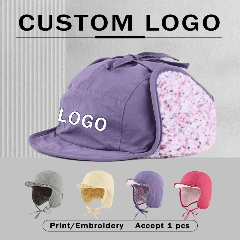 Custom Logo Colorful Fleece‑Lined Bomber Hats for Men Women Winter Outdoor Cycling Warm Versatile Tie‑up Aviator Ear‑flap Cap