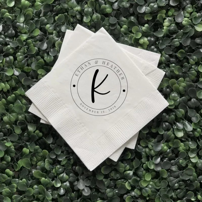 

50pcs Custom Napkins Circle Monogram First Name - Personalized Wedding Napkins, Rehearsal Dinner, Engagement Party Bar Napkins