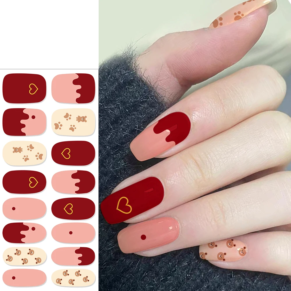Autocollants pour ongles en Gel, 16 pointes, rouge, Semi-durci, cœur blanc, doux amour, bandes auto-adhésives, Patch, lampe UV, besoin d'une pression sur les enveloppes d'ongles