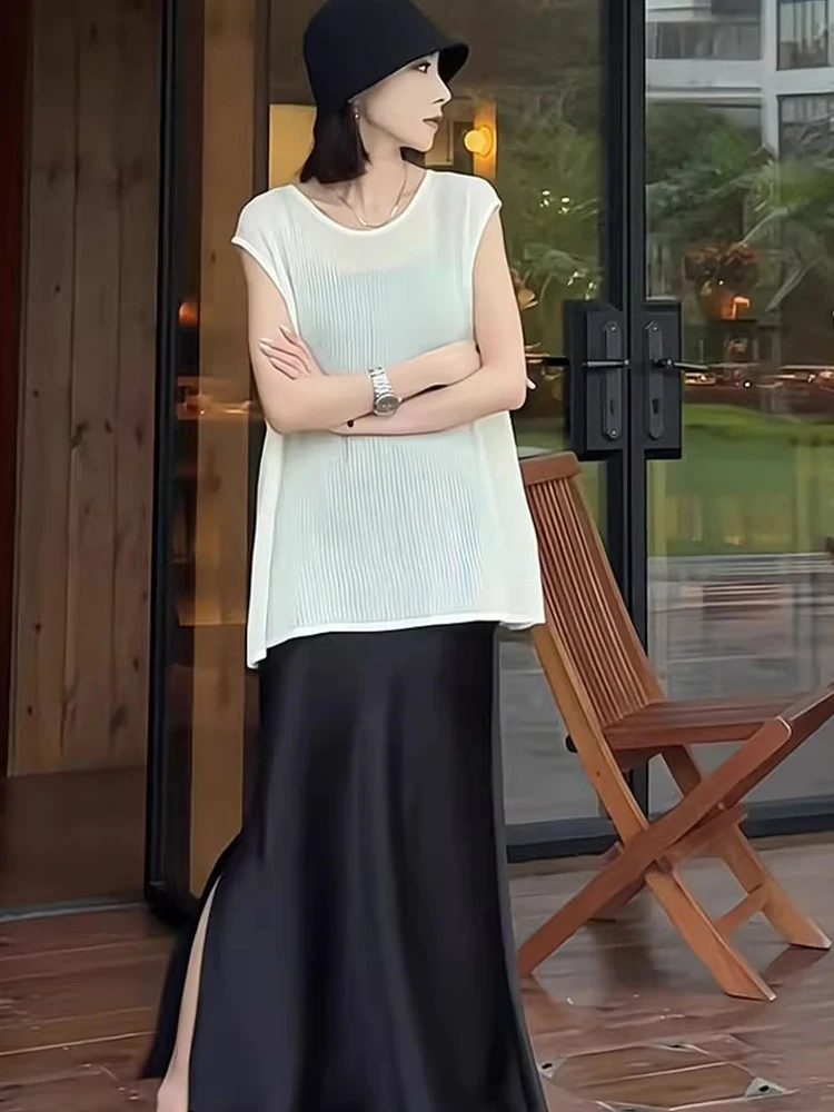 เสื้อยืดถักไหมน้ำแข็งสไตล์ยุโรป ดีไซน์ Ele ทรงกลม บางเบา ระบายอากาศได้ดี ป้องกันแสงแดด เหมาะสำหรับฤดูร้อน สวมใส่สบายสำหรับผู้หญิง