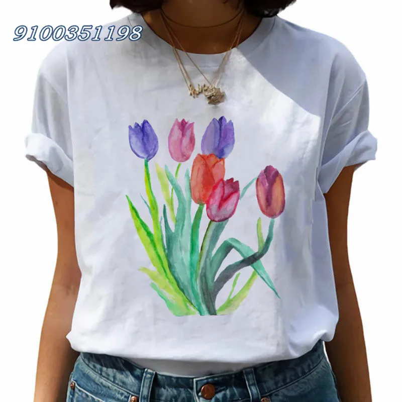 

Vintage Flowers Tulip Print T-shirt Womens Top Tee Tshirt Fashion Loose Graphic Print O-neck Female 3XL Size Short Sleeve mujer