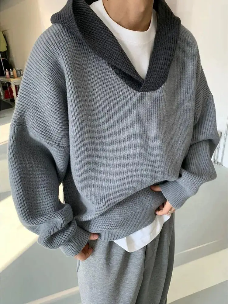 

American Retro Spliced Color Blo Hoodie Men's Knitted Sweater Autumn Winter Lazy Sle Design Versatile Outerwear