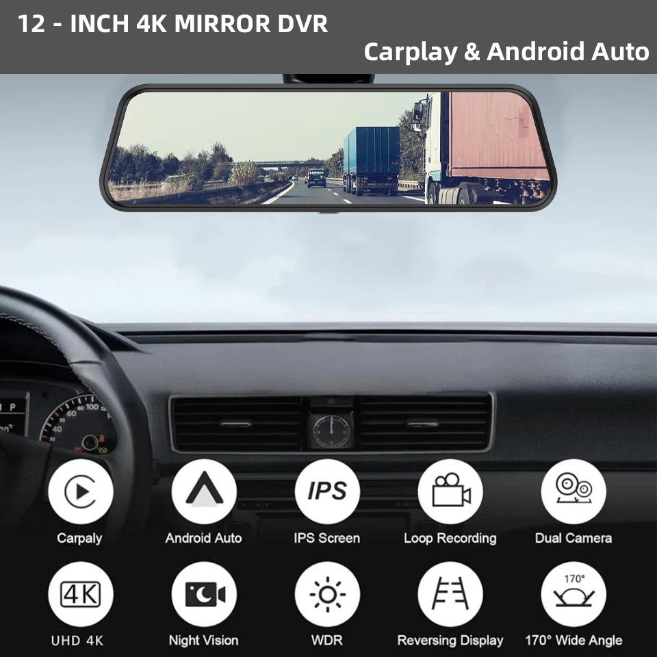 E-ACE10”Ultra 4K Car Dvr Mirror Wireless Carplay  Auto Android Dashcam Video LoopRecord Optional 1080P Rear View Camera GPS WIFI