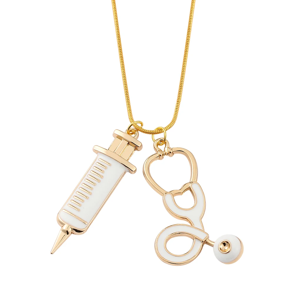 Fashion Doctor Medical Stethoscope Syringe Necklace Simple Chain Needle Metal Pendant Jewelry Accessory