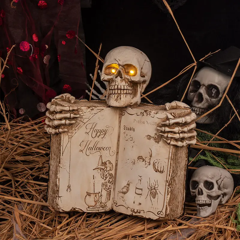 halloween-vintage-glowing-large-skull-holding-book-haunted-house-escape-room-gothic-atmosphere-ornament