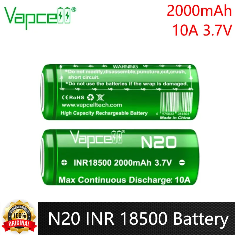 Original Vapcell N20 INR 18500 Battery 2000mAh Capacity Li-ion Rechargeable Battery Cell CDR 10A 3.7V 18500 For for Flashlight