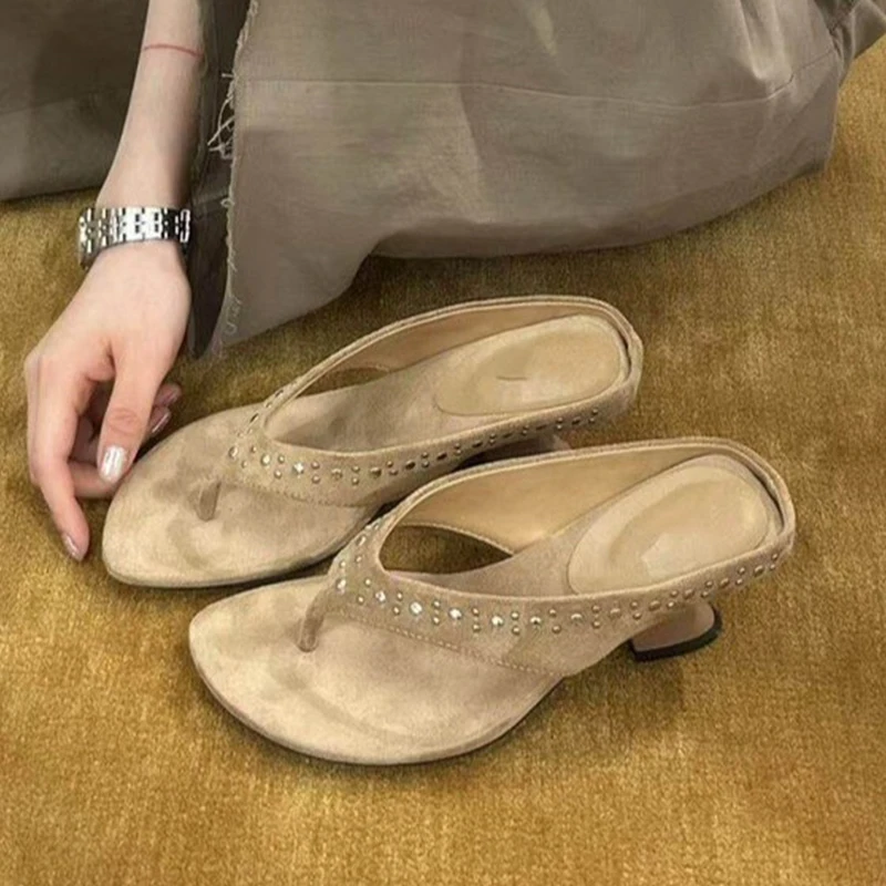 Women High Heels Slippers Chunky Sandals Clip Toe Shoes 2026 Summer Designer Beach Flip Flops Trend Pumps Casual Slides Mujer