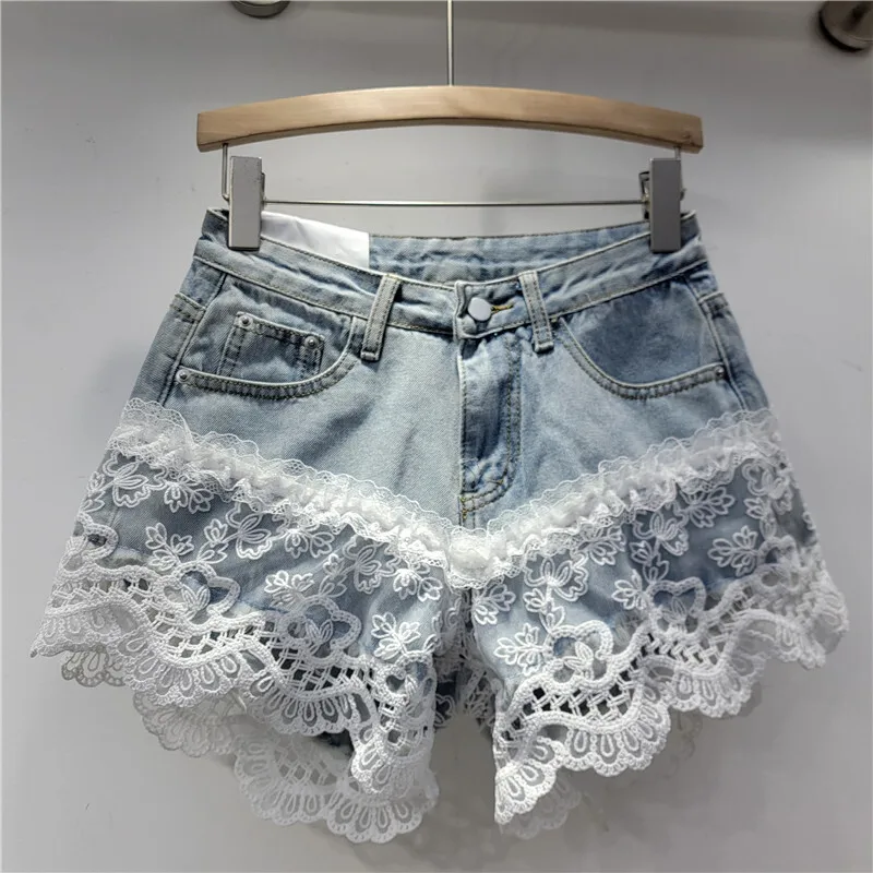 Whth moda feminina bordado renda design denim shorts 2024 inverno na moda cintura alta a linha calças curtas femininas 1ls485