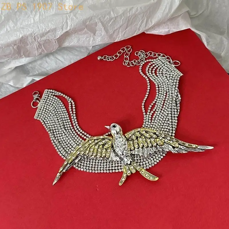 Vintage inspired Multi tiered Necklace with Exaggerated Bird Swallow Pattern and Sparkling Diamonds Stylish Neck Jewelry 55KA